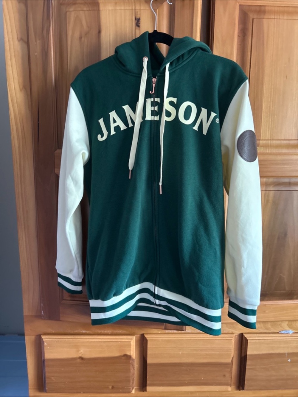 Jameson Green & Cream Varsity Hooded Bomber Jacket new with tags